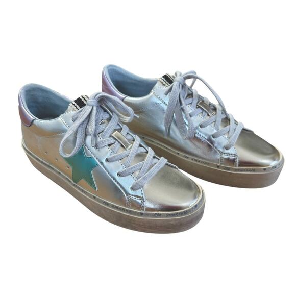 SHU SHOP Petula Platform Sneakers Metallic Silver Gold Stars Vegan Leather Sz 8 - Picture 2 of 13
